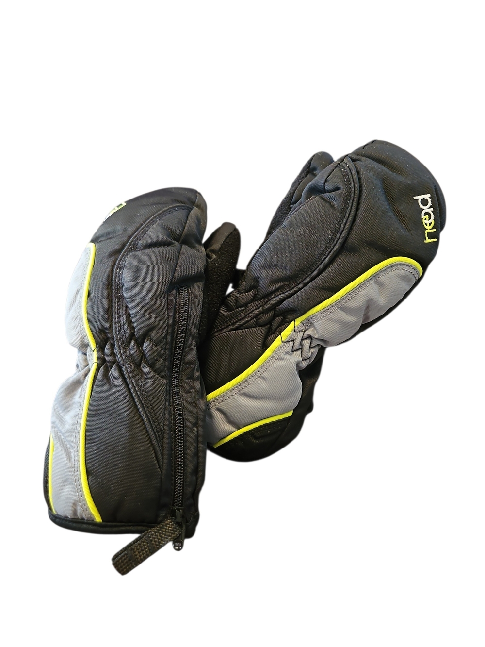 Head Black and Gray Ski Mittens with Neon Yellow Accents Size Small